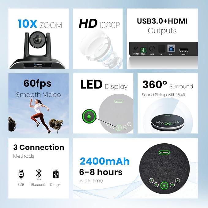 12x Zoom Conference Room Video Camera System, Al Auto-Tracking HD 1080P 60fps 12X Optical Zoom USB3.0 HDMI PTZ Camera 75° FOV and Bluetooth Conference Speaker with Microphones Bundle for Medium Room