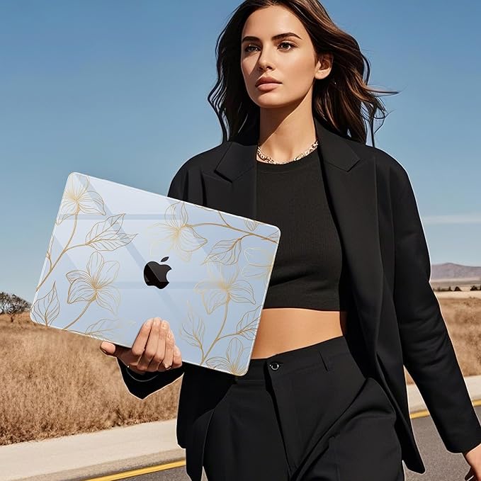 Mektron Case for 2026 MacBook Air 15 INCH M5 A3448 Compatible with M4 A3241 /M3 A3114 /M2 A2941 Printed Plastic Hard Shell Cover with 15.3" Liquid Retina Display Touch ID- Gold Flower S718-Blue