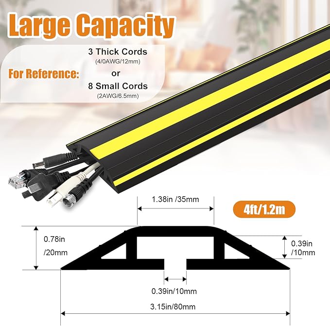 TFMUZERT 4 ft Cord Covers for Wires on Floor, Heavy Duty PVC Duct Floor Cord Cover, Floor Cable Cover Easy to Unroll Prevent Trip Hazard for Home Office or Outdoor Settings