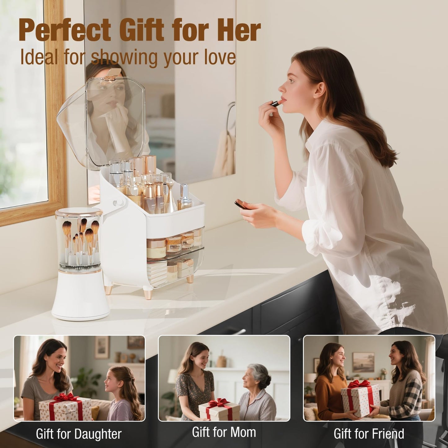 CLBDRESS Makeup Organizer Countertop & Makeup Brush Holder with Lid 360 Rotating Clear Dustproof Skincare Holder for Vanity Bathroom Countertop, Ideal Gifts for Women, Transparent, Silver