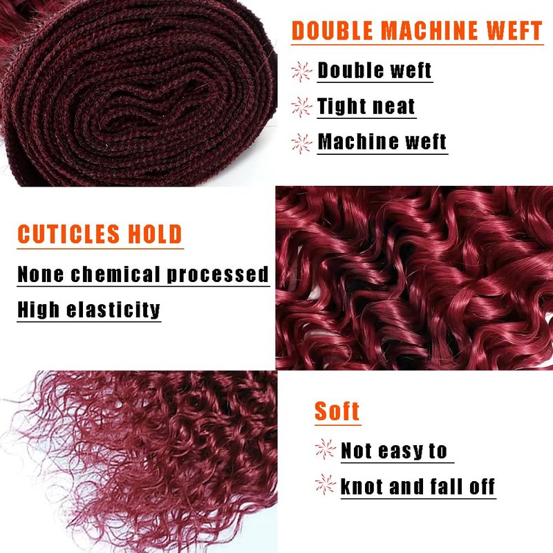 Water Wave Human Hair Bundles 16 18 20 Inch #99J Burgundy Bundles Human Hair Wine Red 12A Unprocessed Native Virgin Hair 50G Per Bundle 3 Extensions Wet and Wavy Weave for Women