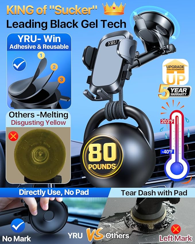 [Military-Grade Anti-Shake & 360° Rotatable Suction] 2026 Upgraded Car Phone Holder Mount【90+LBS Safest Strongest & Patent Certs】Dashboard Windshield Vent for iPhone 17 16 Pro Max Samsung,Dark Gray