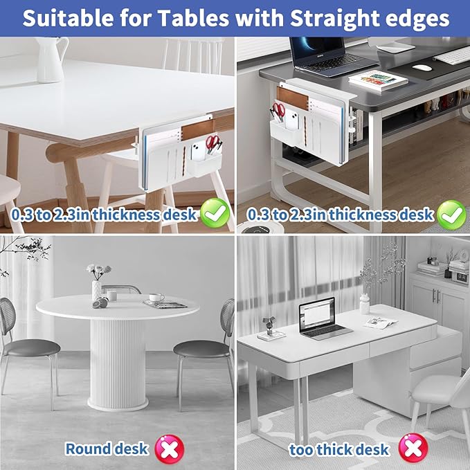 osseph Desk Side Storage Organizer, Under Desk Laptop Holder with Magnetic Pen Holder, No Drill Hanging Desks Caddy for Office & Home, Clamp On Desk Shelf for Tablet, Files, Accessories (White)