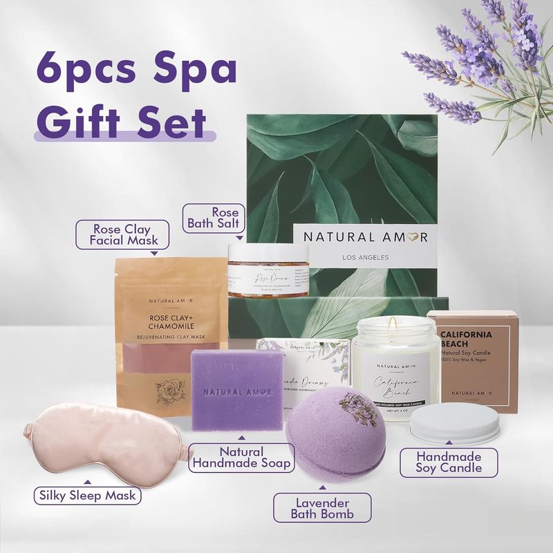 Natural Amor Spa Gift Set | 6-Piece Self-Care Box with Handmade Soap, Bath Bomb, Candle & Skincare Essentials