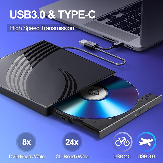 BPAKDU External CD/DVD Drive for Laptop, Ultra Slim CD Burner USB 3.0 Hub with 4 USB Ports, 2 TF/SD Card Slots,1 Type-C Port,DVD Player for Laptop Compatible with mac OS/Windows/Linux (Black)