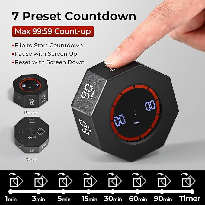 Kaflin Small Rechargeable Pomodoro Timer, Gravity Sensor Auto-Rotating 7 Preset Times (1/3/5/15/30/60/90 min) & Count Up Mode, Digital Kitchen Timers for Cooking, Work and Study (Space Gray)
