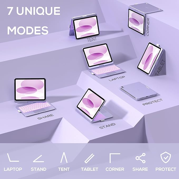 typecase Touch iPad 11th 10th Generation Case with Keyboard (11" 2025, A16 & 10.9" 2022) – 360° Rotatable, 11-Color Backlit, Multi-Touch Trackpad, Pencil Holder, Thin & Light – Light Purple