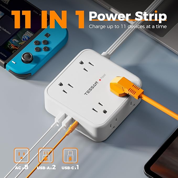 TESSAN Surge Protector Power Strip, 15 Ft Flat Plug Extension Cord with 3 USB (1 USB C 20W PD) 8 Outlets, 1250W, 900J Protection, 3 Sided Outlet Extender with Power Switch for Office, Dorm Room, White