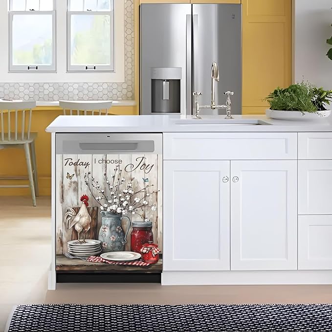 Generic Pastoral Style Vase Kapok Flower Dishwasher Sticker Kitchen Decor Magnet Cover for Door,Rustic Floral Farmhouse Rooster Refrigerator Magnetic Panel Decals for Home Appliances,23x26 in