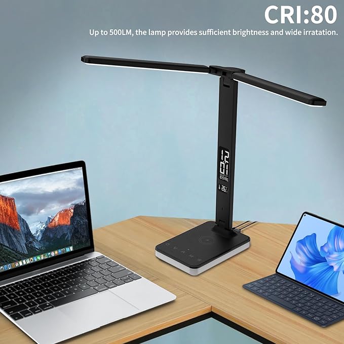 oviouit LED Desk Lamp with Charger, USB Charging Port, Dual Swing Arm Desk Light with 5 Brightness, 3 Colors, Table Lamp with Clock, Alarm, Date, Temperature, Desk Lamp for Home Office Study (Black)