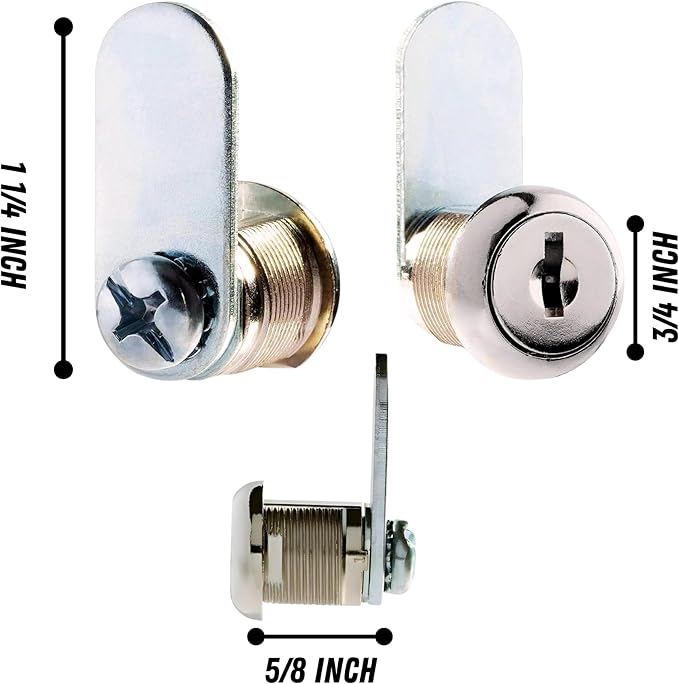 Pro Chutes Cabinet Cam Lock - 5/8" Pack of 4 Cabinet Locks with Keys for RVs, Drawer Lock Including 4 Cylinder Round Face Tool Box Locks, 4 Straight & 4 Offset Cams, 4 Alike Keys with Bonus Key Chain