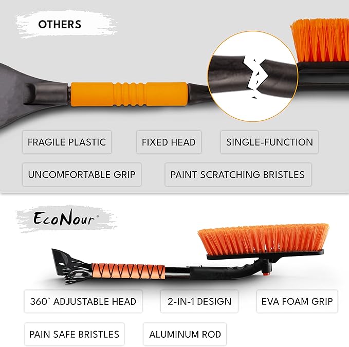 EcoNour 27" 3 in 1 Snow Brush with ice Scraper for car Windshield and Window | 360Â° Aluminum Rotatable Snow Brush for car | Winter Snow Removal Tools with Detachable Foam Grip | Winter Car Accessories
