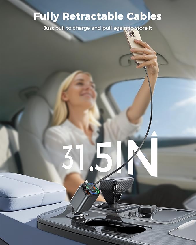 Retractable Car Charger 84W, 4-in-1 Fast Car Charger with Retractables 2.6ft, Cigarette Lighter Charging Block USB+USB C Cube for iPhone 13 14 15 16 17 Pro Max,Plus,Samsung Galaxy,Pixel