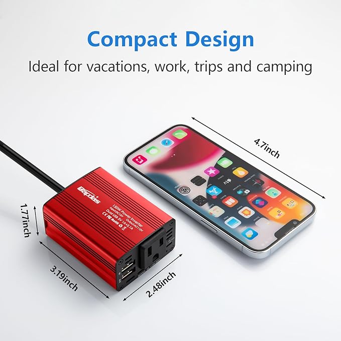 Bapdas 150W Power Inverter 12v to 110v Car Adapter Outlet to Wall Plug with 3.1A Dual USB