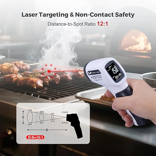 VCooklify Temperature Gun for Meat,Automotive Infrared Thermometer Gun with Ring Laser DS12:1,Digital Thermal Gun with Adjustable Emissivity&High/Low Alarm,-58~1400℉IR Temp Gun for Engine,Brakes&HVAC