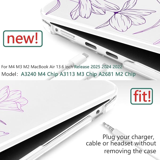 TWOLSKOO for MacBook Air 13 inch Case M4 A3240 M3 A3113 M2 A2681 2025 2024 2022 Plastic Hard Shell, Keyboard Cover, Type C Adapter, Screen Protector for MacBook Air 13.6 inch, Engraved Floral2