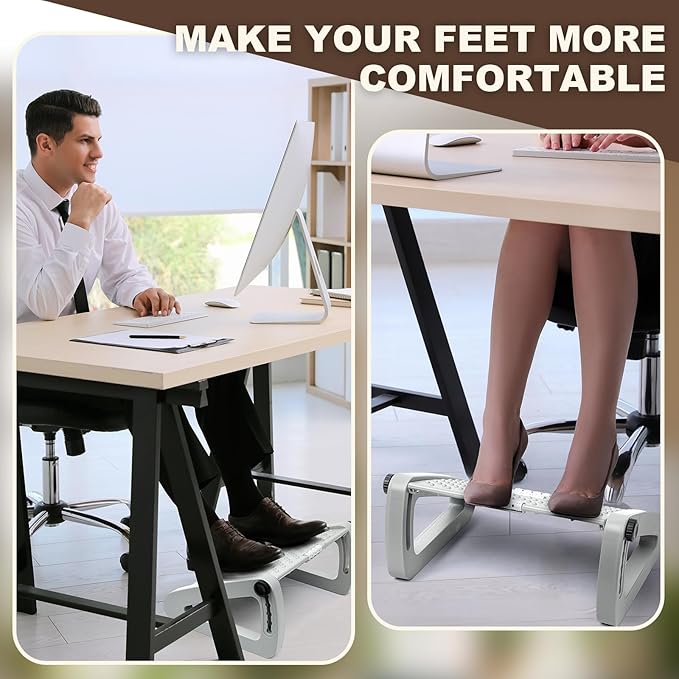 Beeveer 2 Pcs Foot Rest for Under Desk at Work, Ergonomic 6 Heights Adjustable Footrest with Massage Roller, Chair Footrest for Leg Rests for Office and Home Pressure Relief(Gray)