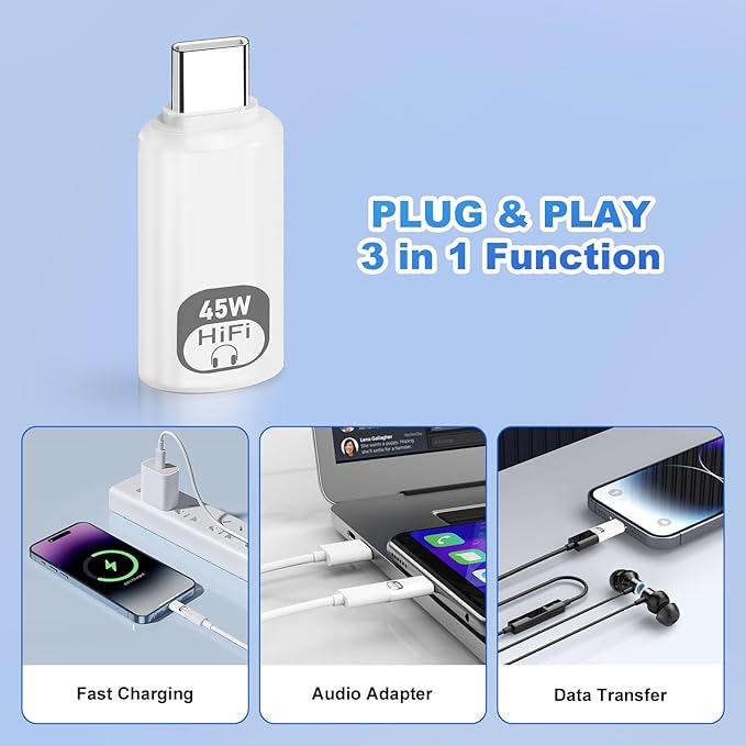 JBJBBG USB C to Lightning Audio Adapter,Lightning to USB C Hi-Fi Adapter for Headphones,480Mbps High-Speed Data Transmission with 45W Fast Charging for iPhone16/15 Series,iPad mini/Air/Pro