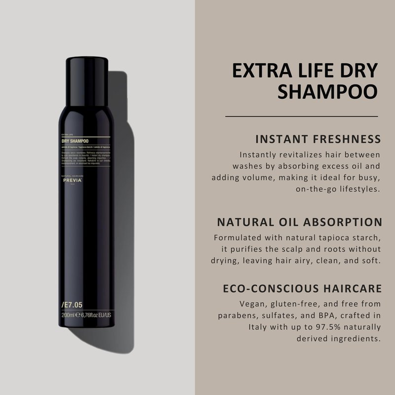 PREVIA Extra Life Dry Shampoo | Instant Scalp Refresh with Natural Tapioca Starch | Absorbs Excess Oil & Impurities | Fruity, Fresh, Woody Fragrance | Vegan Haircare for All Hair Types | 6.76 oz