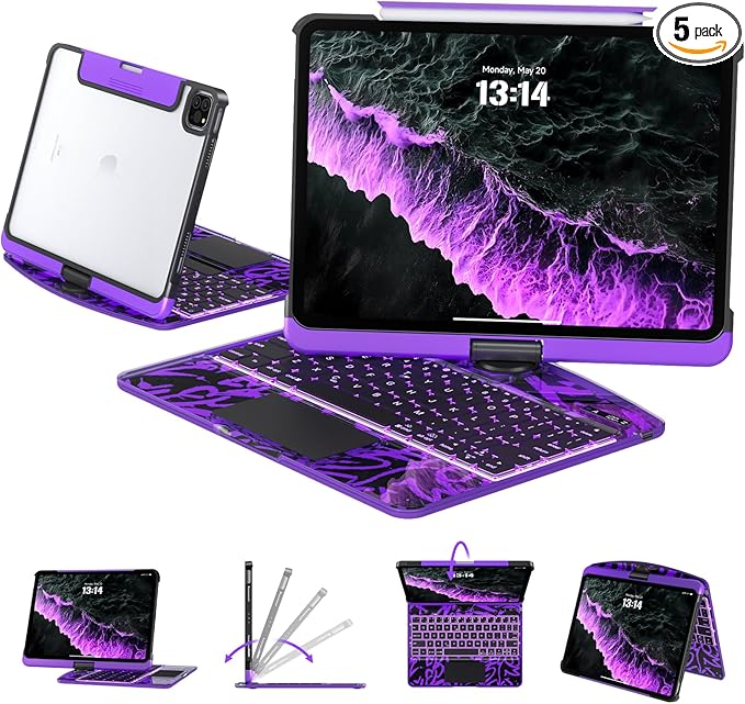 Tiaota Transparent Case with Keyboard for iPad 9th (7th, 8th, and 9th Gen)10.2 Inch ,with 7-Color Backlit Wireless Keyboard,360°Rotatable Protective Case Multi-Touch Trackpad,with Pencil Holder,Purple