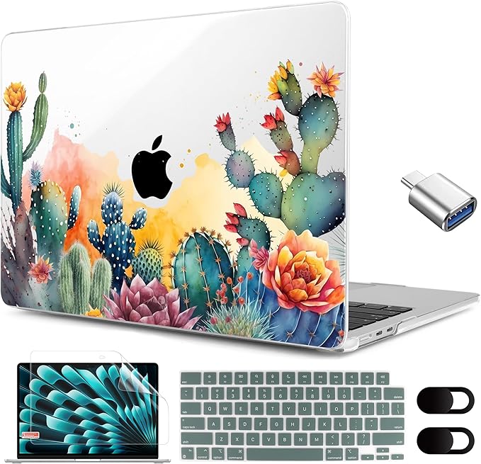 MEEgoodo for M5/M4/M3/M2 MacBook Air 15 inch Case 2026 2025 2024 2023, Case Fit Model (A3448/A3241/A3114/A2941) for MacBook Air 15.3 inch, Tropical Cactus