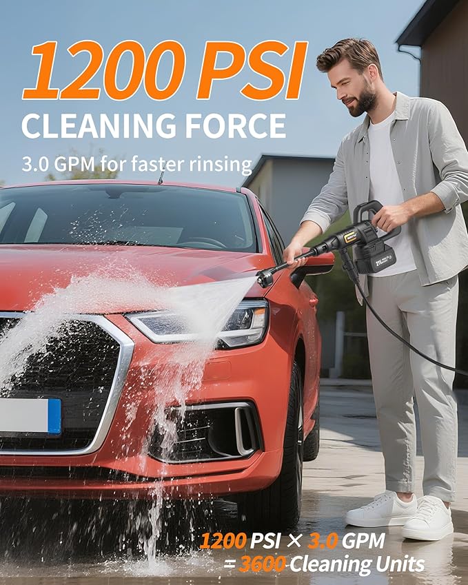 Cordless Pressure Washer Battery Powered; 990PSI Cordless Power Washer with 6-in-1 Nozzle, 23FT High-Elastic Hose, 21V Battery&Charger; Portable Handheld Pressure Washer Cleaner for Home (5022-BK2)