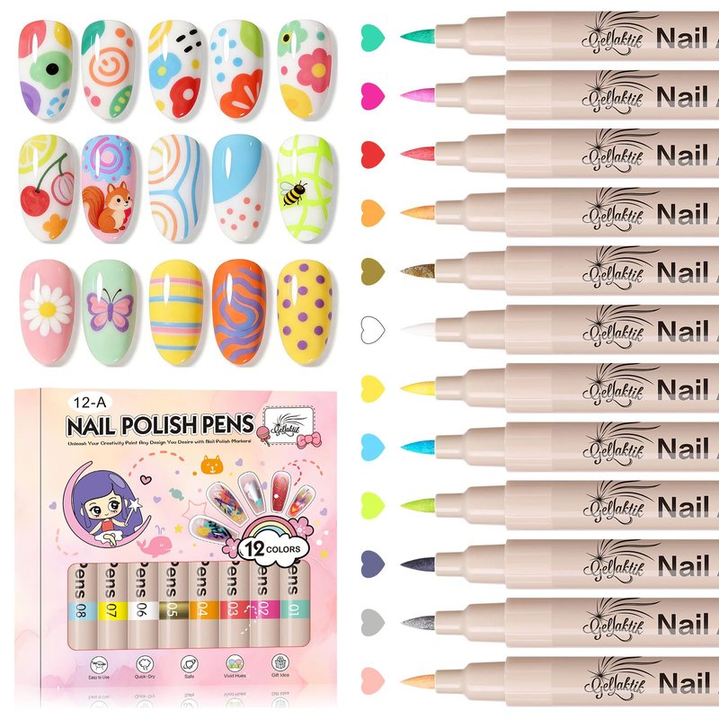 GELLAKTIK 12 Colors Nail Art Pens Set, 3D Nail Polish Pens, Quick-Drying Acrylic Paint Markers, 0.7mm Dotting Painting Liner Brush for DIY Nail Design, Home & Salon Manicure Tools