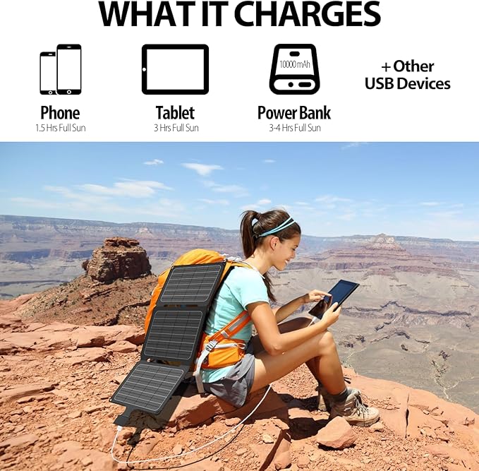 Voominhtec 20W Portable Foldable ETFE Solar Panel Charger 5V USB-A*2 Lightweight IP67 Waterproof for Phone Power Bank Tablet Hiking Camping Backpacking