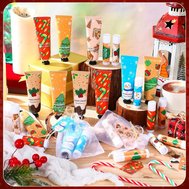 Christmas Hand Cream & Lip Balm Gift Set - 12 Sets, 48 Pcs | Travel Size, Mini Lotion for Dry Skin, Perfect Stocking Stuffers