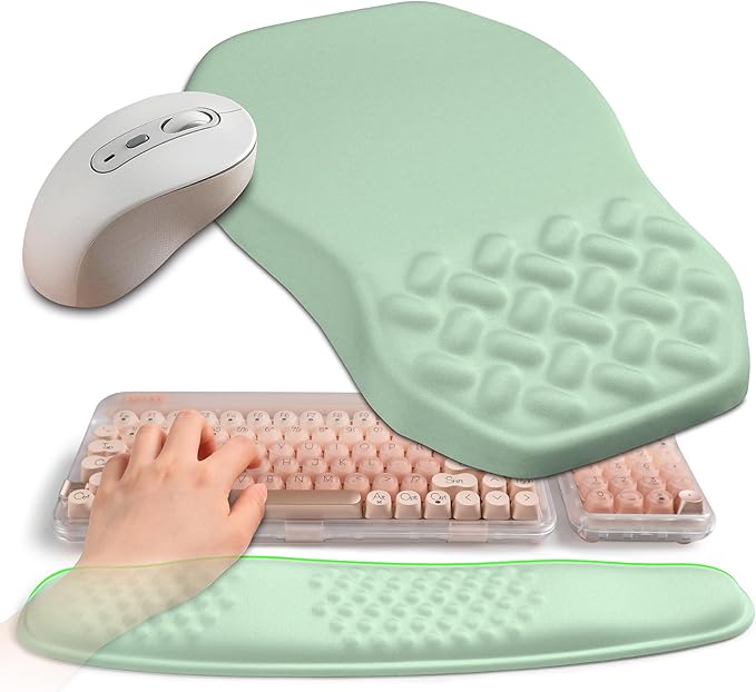 Gleamtide 2-in-1 Ergonomic Set, Wave Keyboard Wrist Rest and Massage Slope Mouse Pad Wrist Support, Rebound Memory Foam for Relieve Carpal Tunnel Syndrome and Wrist Pain (Light Green)