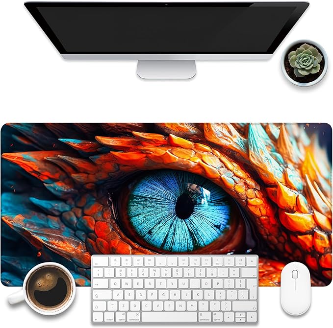 KOAIWPAE Large Gaming Mouse Pad for Desk, Dragon Blue Eyes Desk Mat, Dragon Eyes Desk Pad, 31.5"x15.7" Extended Big Computer Keyboard Mouse Pad with Non-Slip Base and Stitched Edge
