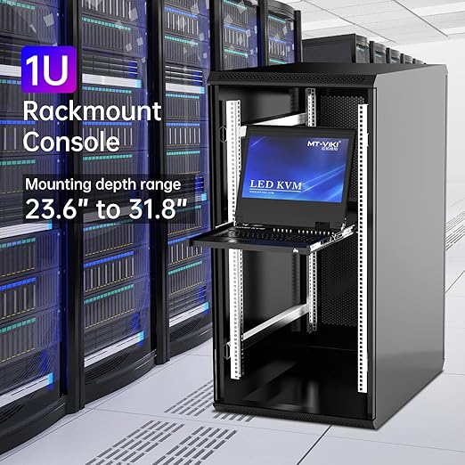 MT-VIKI® KVM Rack Mount HDMI with 17.3'' LCD Monitor, 1080P@60Hz Support OSD/Hotkey, Included 8 KVM Cables+Keyboard + Touchpad, Fit 1U 19'' Rack, Mount Depth 23.6-31.8"