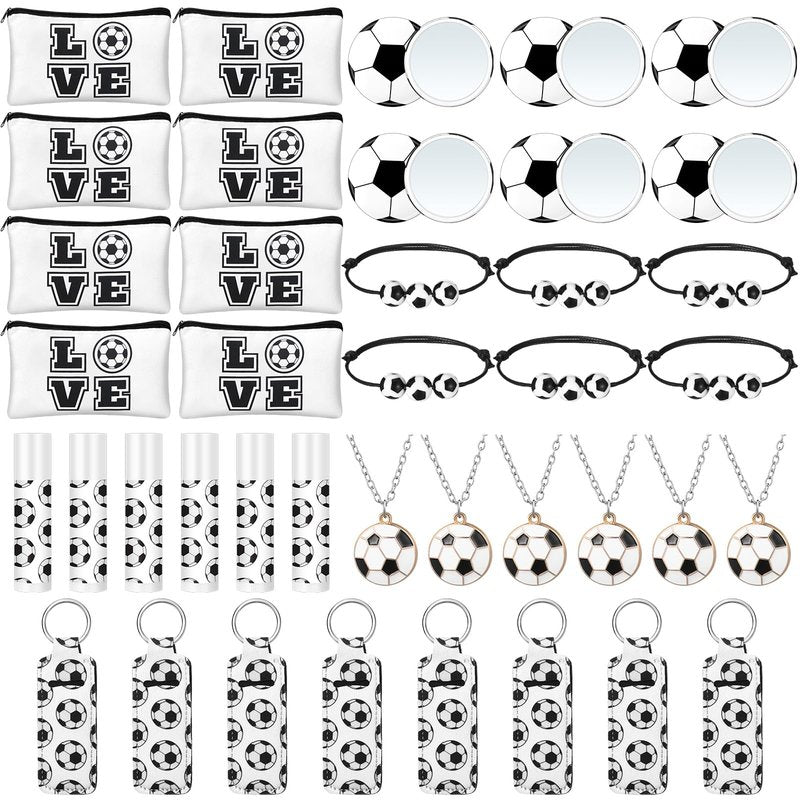 Yeyeplum 72 Pcs Soccer Team Gifts Party Favors Include 12 Makeup Bags 12 Lip Balm 12 Lip Balm Holder 12 Necklace 12 Adjustable Bracelet 12 Mirrors for Soccer Lovers Players Party Supplies