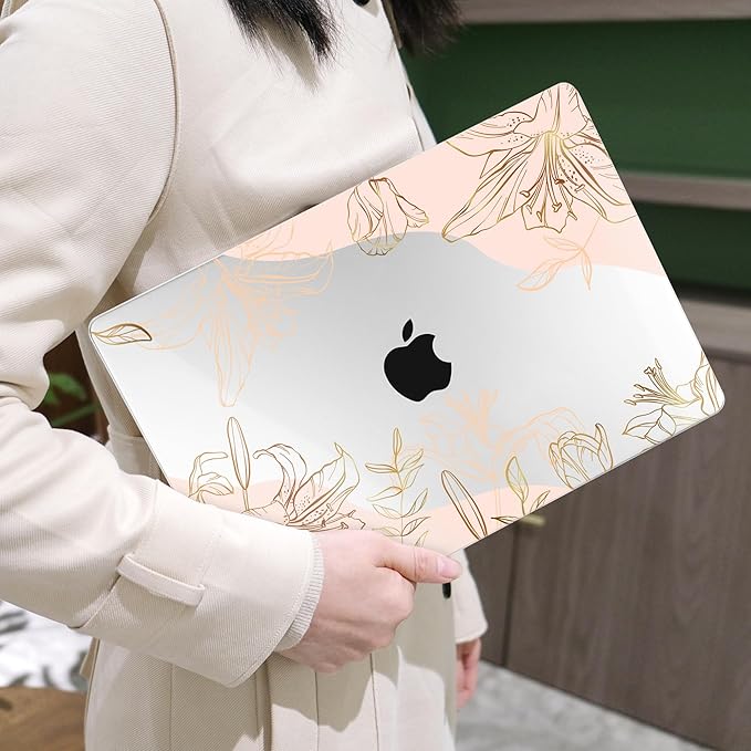 MEEgoodo Case for M5/M4/M3/M2 MacBook Air 13 inch 2026 2025 2024 2022, Fit Model A3449/A3240/A3113/A2681, Case Compatible with MacBook Air 13.6-inch, Gold Flowers Lilies