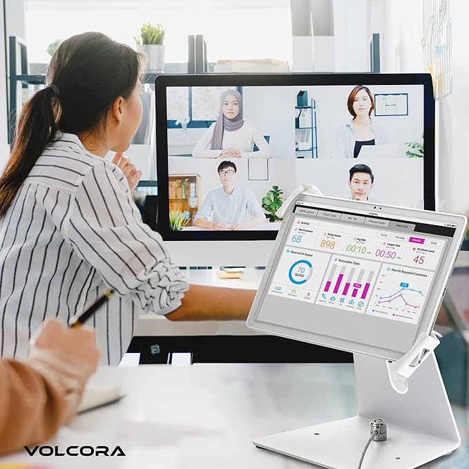 Volcora Anti-Theft Tablet Stand iPad Kiosk Stand with Lock, White 10-13'' iPad Stand for Desk, Swivel, Adjustable iPad Holder for Desk, iPad Mount for Desk for POS Register, Retail Business, Cashier