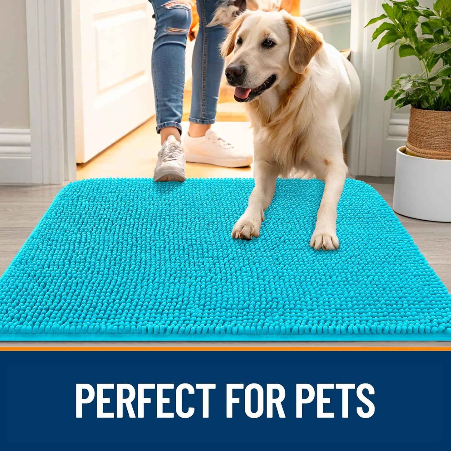 OLANLY Dog Door Mat - Absorbent Non-Slip Mud Mat for Indoor Use | Quick Dry Chenille, Aqua Blue 47x17