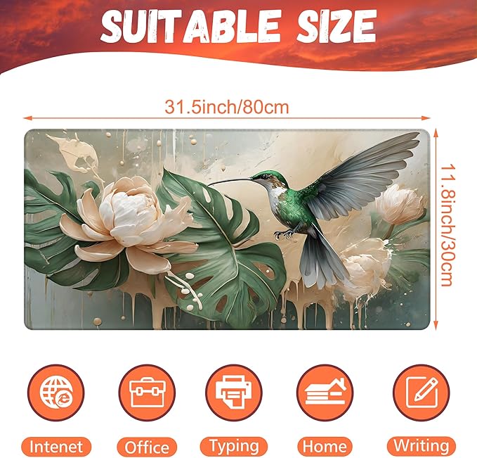 KOAIWPAE Desk Pad, Elegant Hummingbird Desk Mat, Oil Painting Flowers and Leaves Large Gaming Mouse Pad, 31.5"x15.7" Extended Big Computer Mouse Pad with Non-Slip Base and Stitched Edge