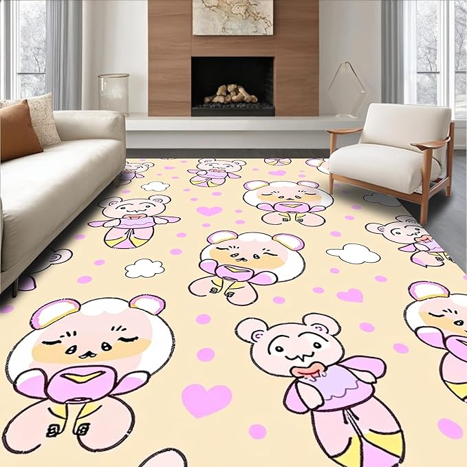 Flatwoven High Traffic Area Rug 3x5, Sweet Bear Balloon Interlocking Dot and Cloud Motif, Non Slip, Stain Resistant, Washable Area Rugs for Living Room, Bedroom (Beige, 3x5)