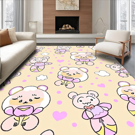 Flatwoven High Traffic Area Rug 3x5, Sweet Bear Balloon Interlocking Dot and Cloud Motif, Non Slip, Stain Resistant, Washable Area Rugs for Living Room, Bedroom (Beige, 3x5)