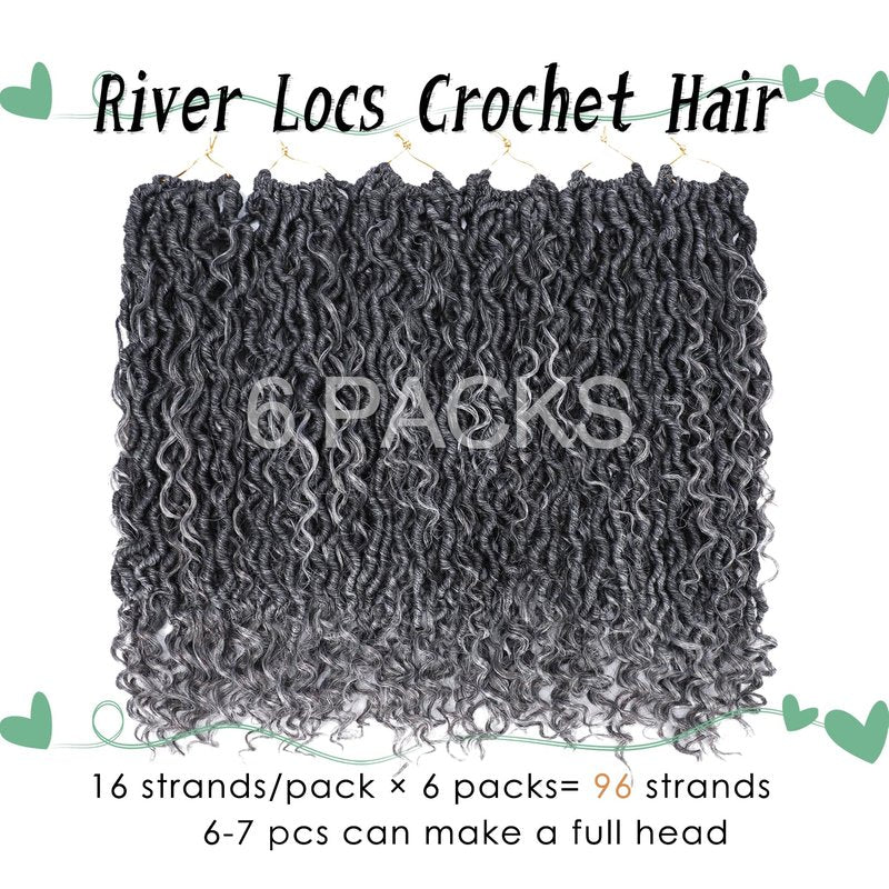LIYATE Goddess Locs Crochet Hair 18 Inch 6 Packs Faux Locs Gray Crochet Hair for Black Women Pre Looped Soft River Loc Crochet Braids with Curly Hair Boho Loc Hair Extensions(T1B/Gray)