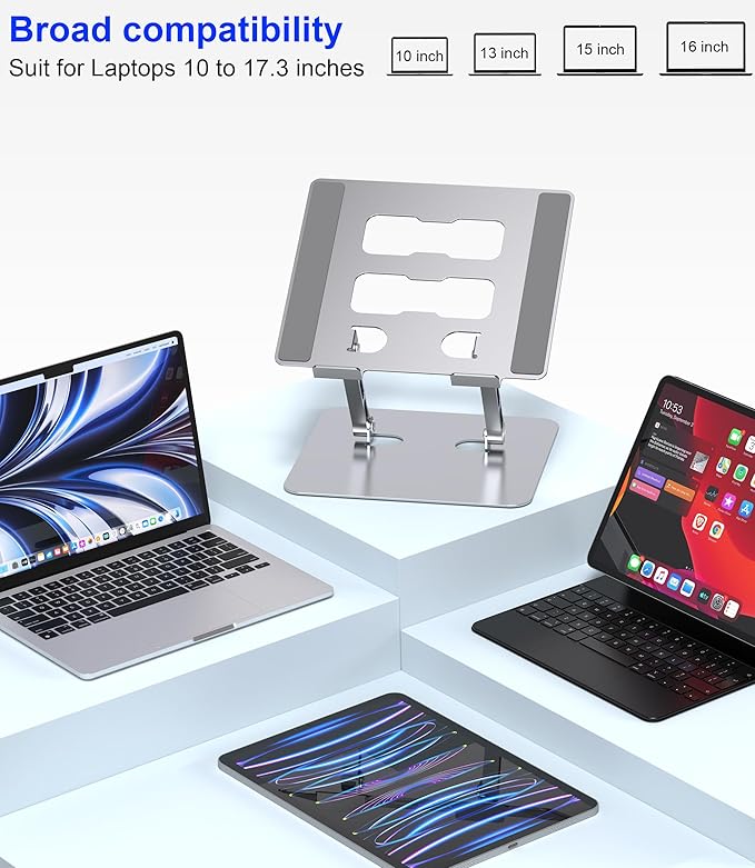 YTech Adjustable Laptop Stand,Ergonomic Foldable Notebook Computer Holder.Compatible with MacBook iPad Dell HP Lenovo ThinkPad Acer ASUS Samsung and More 10-17" Laptops Tablets,Silver