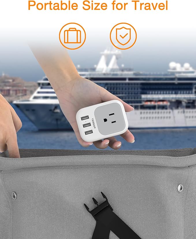 TESSAN USB C Charger Block 20W PD, Fast Charging Adapter with Foldable Plug, 1875W Power Outlet Extender(4 AC and 4 USB) for Cruise, Home, Office, Dorm Room Essentials, Grey