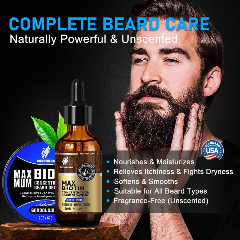 aokur 2 Pack Biotin Beard Growth Kit for Men – Sandalwood Beard Oil & Balm – Beard Care Set for Growth, Softening & Styling – Gift for Father’s Day & Christmas
