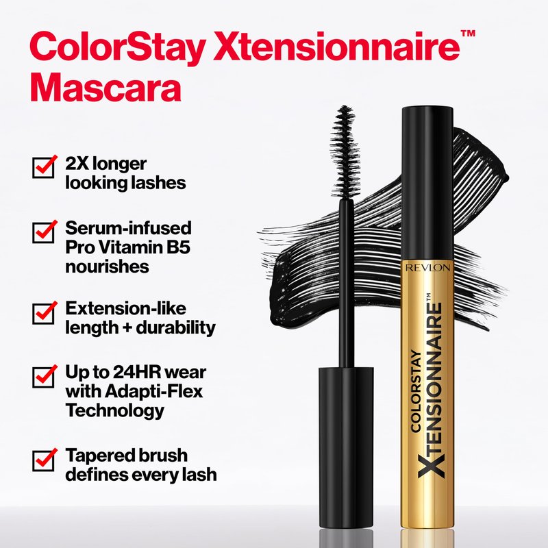 Revlon ColorStay Xtensionnaire Lengthening Lash Serum and Mascara In One, Tapered Brush for 2X Longer Looking Eyelashes, Infused with Pro Vitamin B5, Smudge-Proof, 211 Black Waterproof
