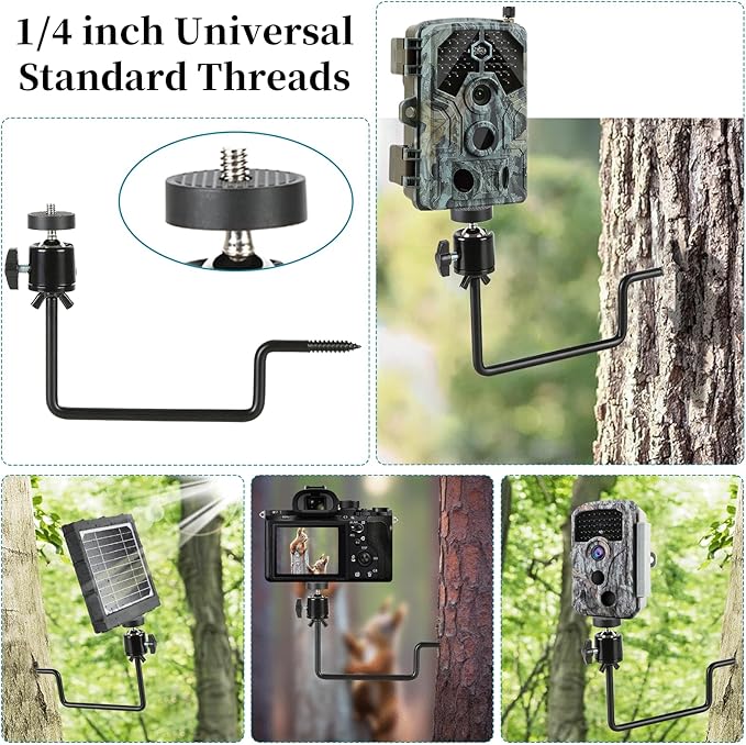 Trail Camera Mount, 4 Pcs Trail Camera Holder with 1/4 in Screw,Hunting Accessories,360° Adjustable Tree Screw Mounting Bracket for Game Cameras, Solar Panels, etc, Easy to Install & Heavy duty