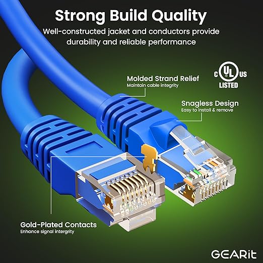 GEARit Cat 6 Ethernet Patch Cable 7 ft Blue (24-Pack Cat6 Ethernet Patch Cables 7ft), Cat 6 High Speed 24AWG 10Gbps RJ45 Snagless Gold-Plated, Ethernet Cable for Router, Switch, PC, PS5 Gaming, Server