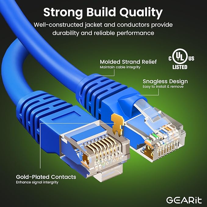 GEARit Cat 6 Ethernet Patch Cable 0.5 ft Blue (24-Pack Cat6 Ethernet Patch Cables 0.5ft), High Speed 24AWG 10Gbps RJ45 Snagless Gold-Plated, Ethernet Cable for Router, Switch, PC, PS5 Gaming, Server