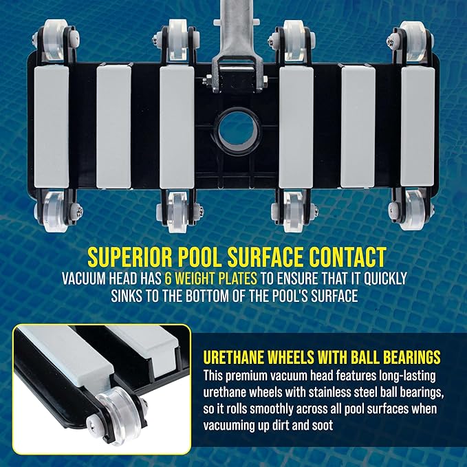U.S. Pool Supply Manual Pool Vacuum Head for Inground Pools, Flexible, Extra-Wide, Weighted - 6 Weights, Connect 1.5" Hose, Metal Pole Handle - Swimming Cleaning Accessory Attachment, Vac Clean