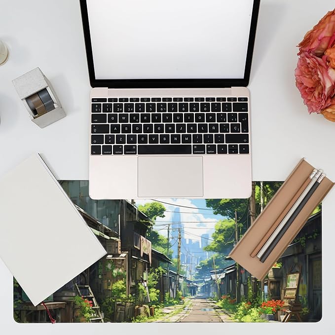 Eflxamz Anime Abandoned Town Desk Mat, Large Gaming Mouse Pad with Non-Slip Base and Stitched Edge, 35.4"x15.7"