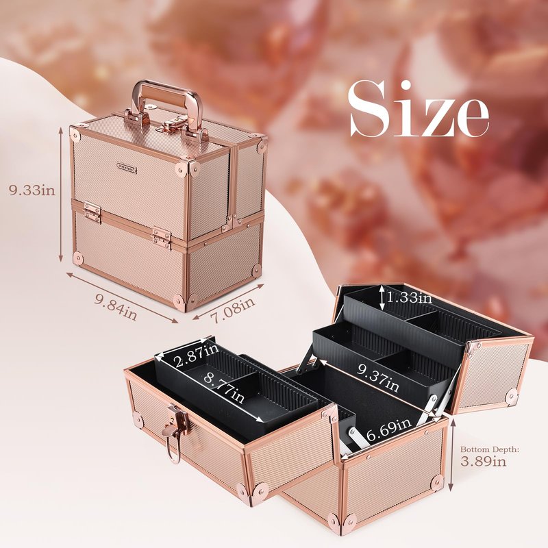 FRENESSA Makeup Train Case Makeup Case Travel Cosmetic Box Organizer Portable Make Up Box with Dividers Lockable for Artist Nail Sewing Vanity Storage Makeup Travel Case Rose Gold
